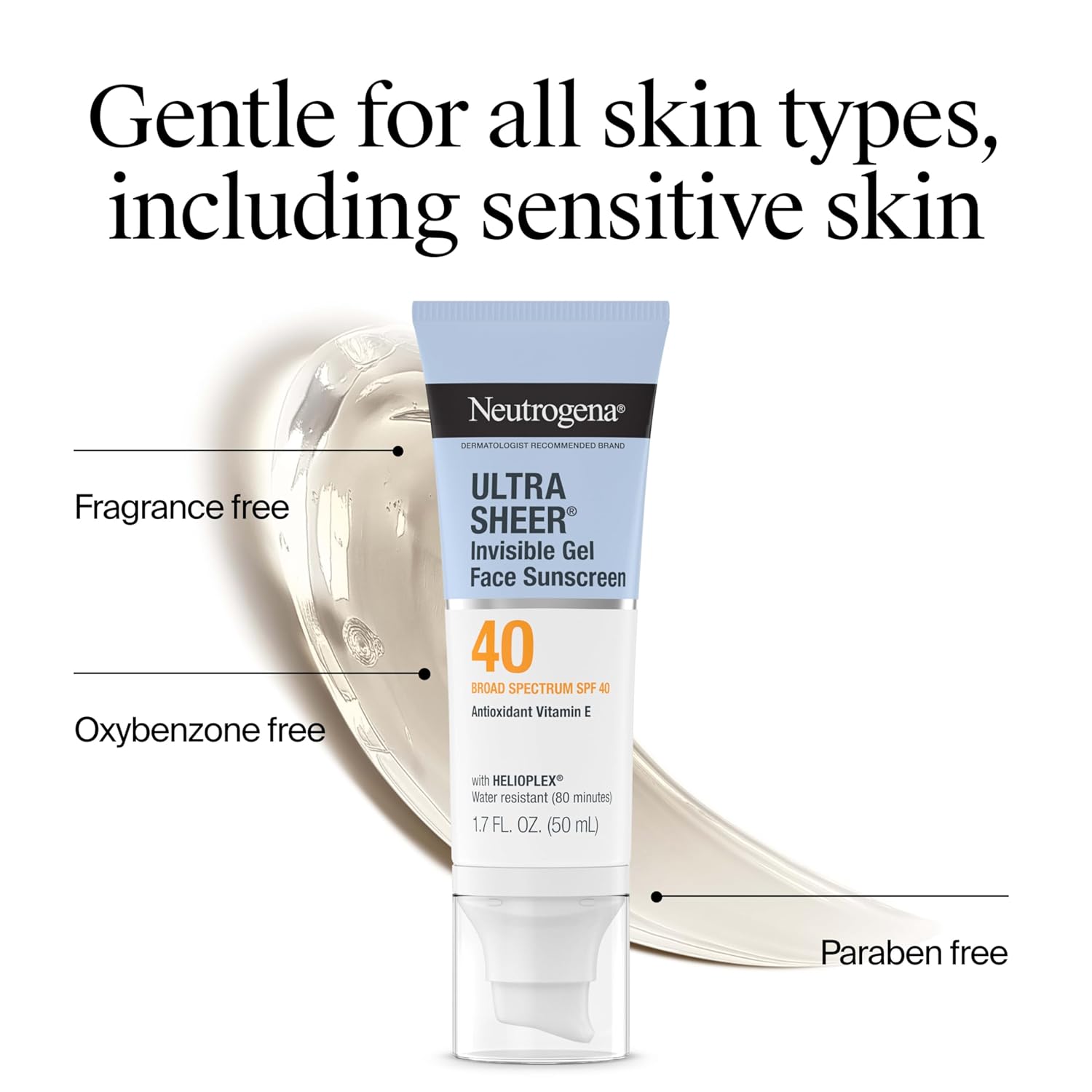 Neutrogena Ultra Sheer Invisible Gel Face Sunscreen SPF 40, Facial Sunscreen & Moisturizer, Vitamin E, Matte Finish, Makeup Primer, Travel Size, 80 Minutes Water-Resistant, 1.7 oz - Image 5