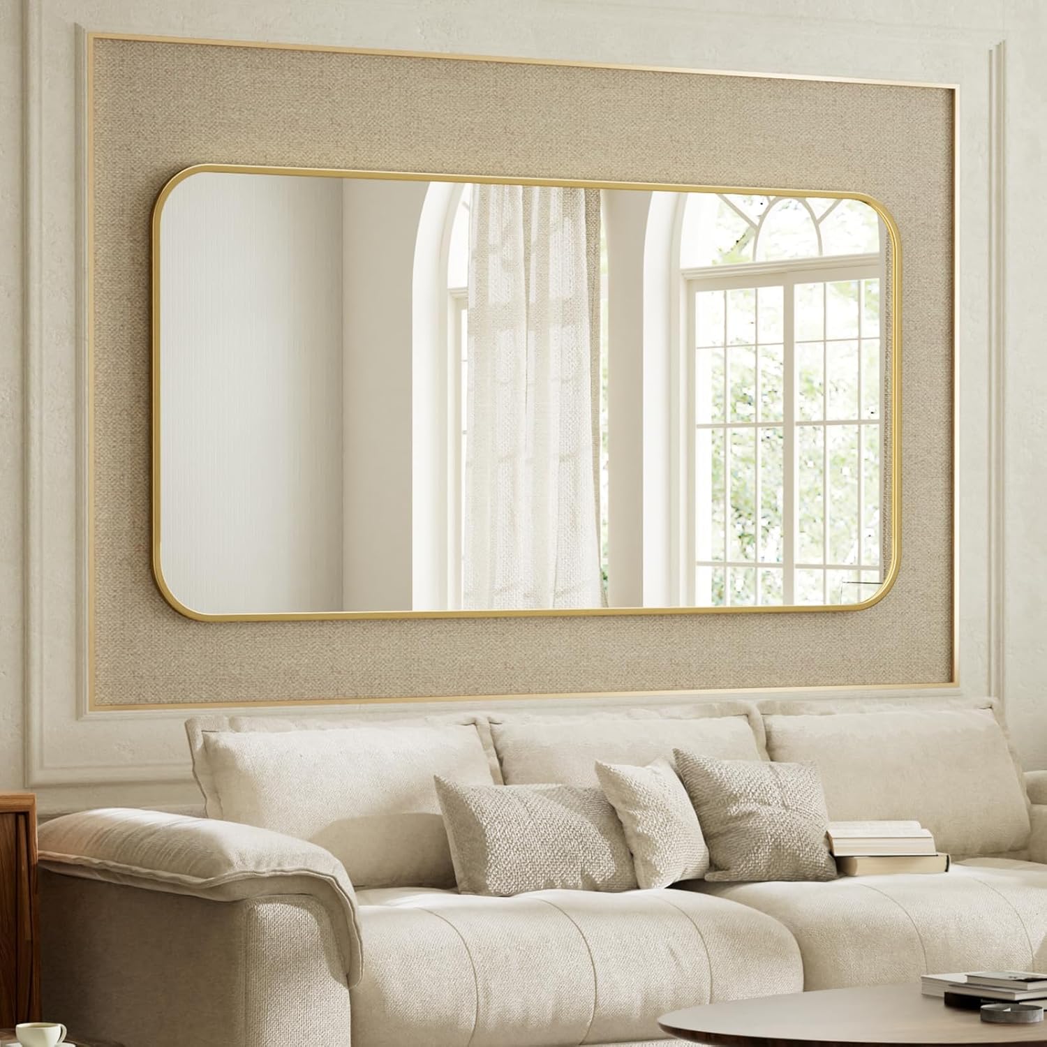 BEAUTYPEAK 26 x 38 Rectangular Aluminum Alloy Frame Wall Mounted Bathroom Mirror with Rounded Corners, Gold