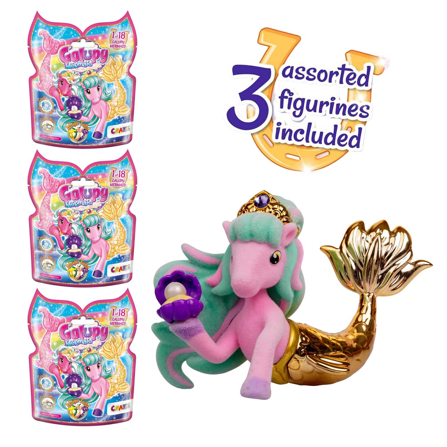 Galupy MERMAID 3-pak – figurki jednorożca syrenka do kolekcjonowania, 3x jednorożec z płetwą i kryształ Swarovski, 18 różnych figurek do zebrania
