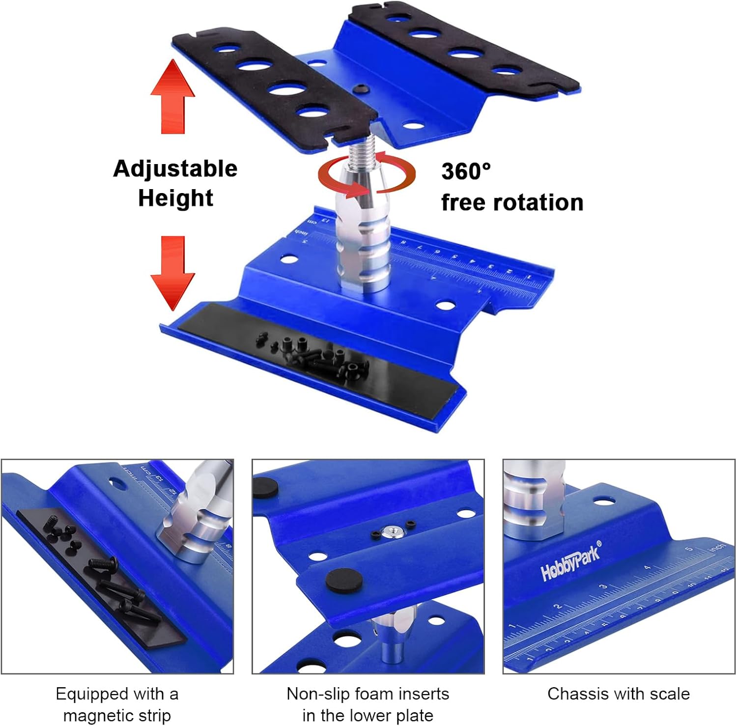 Hobbypark Aluminum RC Car Work Stand Repair Workstation 360 Degree Rotation Lift/Lower w/Screw Tray for 1/10 1/12 1/16 Scale Car Truck Buggy (Navy Blue with Screw Tray)