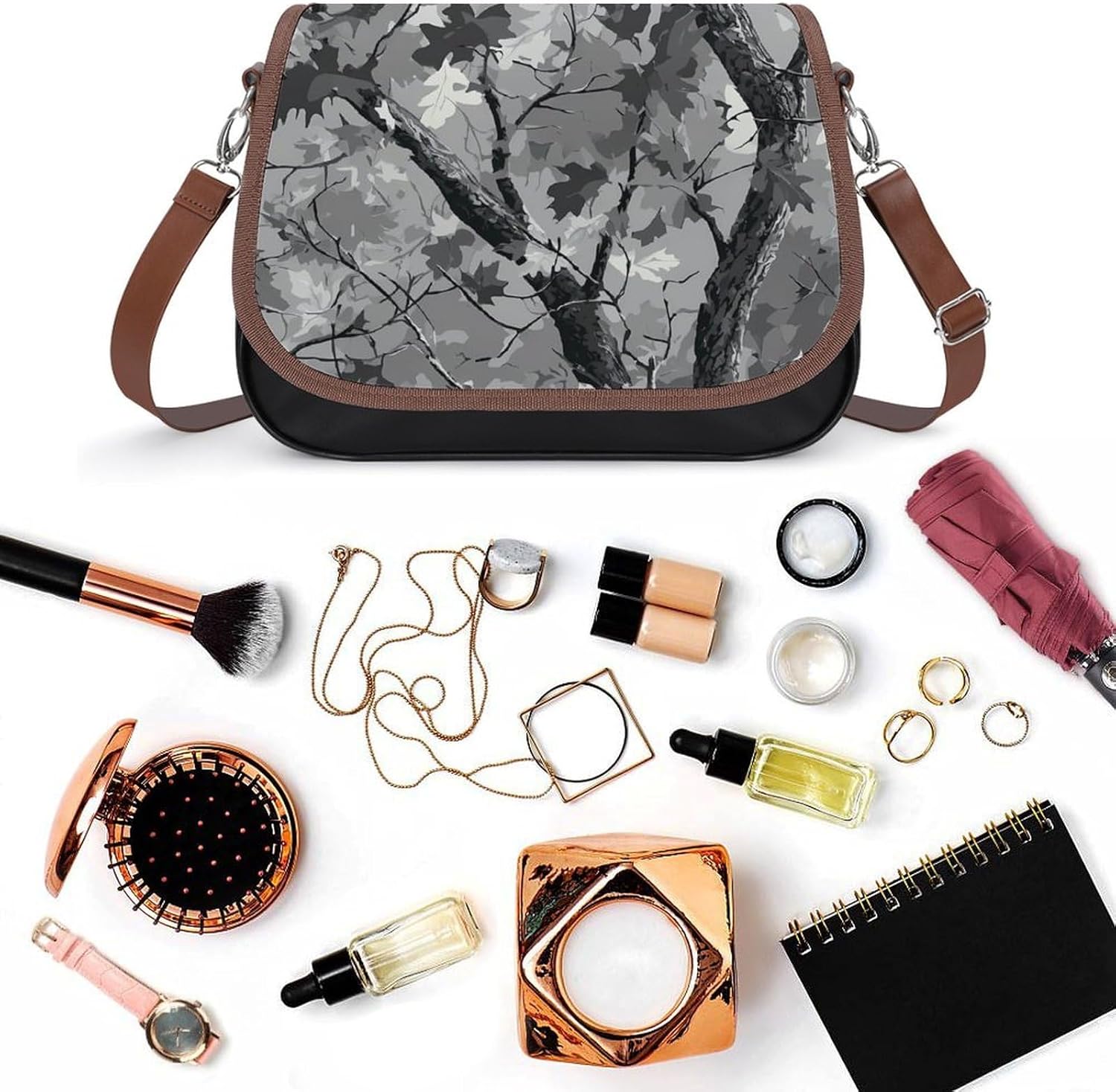 Camouflage Leaves Tree Branches Women Crossbody Purse Leather Messenger Bag Handbags Shoulder Strap Bags