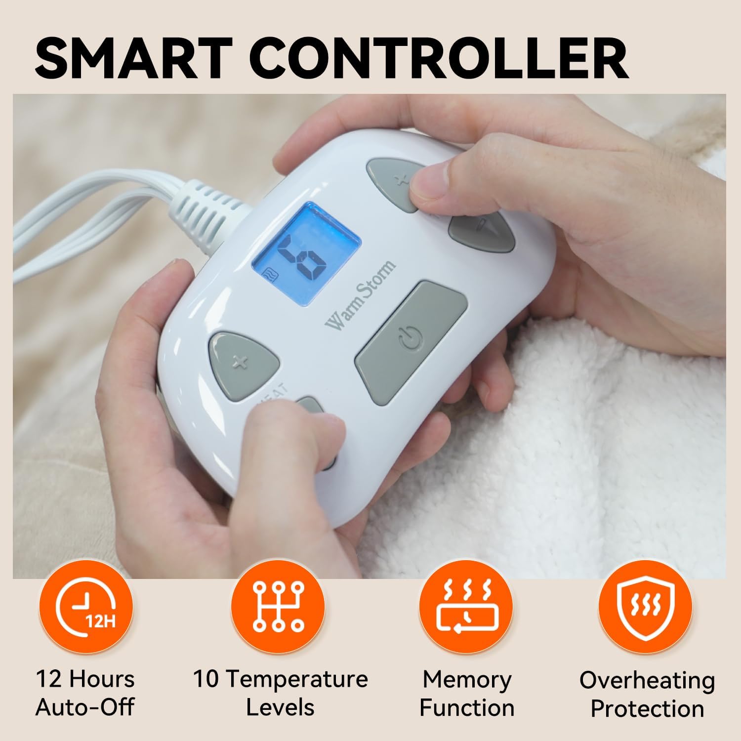 Warm Storm Electric Blanket Queen Size Heated Blanket Anti-Static Flannel & Sherpa 10 Heating Levels 12 Hours Auto Off Machine Washable Beige 84"x 90" - Image 4