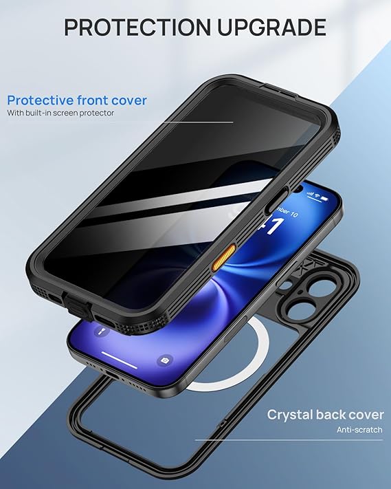 Lanhiem Magnetic for iPhone 16 Waterproof Case, Built-in Privacy Screen Protector, Compatible with MagSafe, Anti-Spy Full Body Phone Case for iPhone 16 6.1, Black