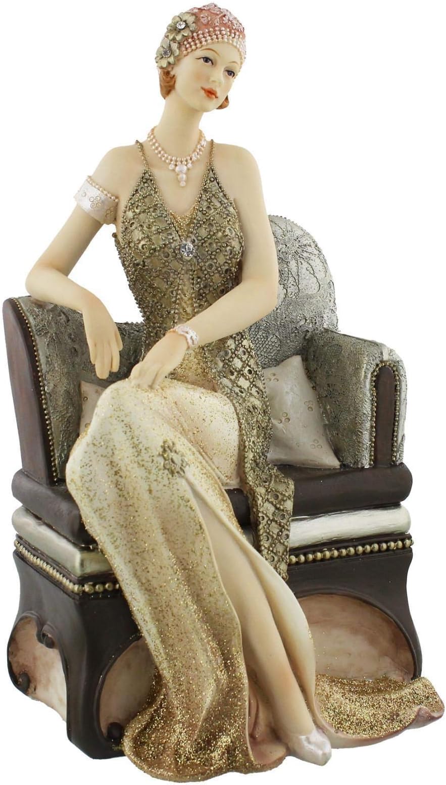 Art Deco "Broadway Belles" Seated Lady Gold Glitter Dress Figurine Ornament 25cm