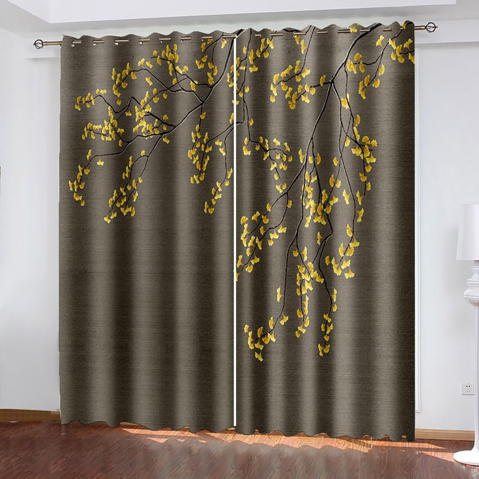 Rideaux Fenetre Chambre, Rideau de Cuisine Vintage Or Gris Foncé Polyester Motif de Branches et de Feuilles 234L x 229H CM Lot de 2