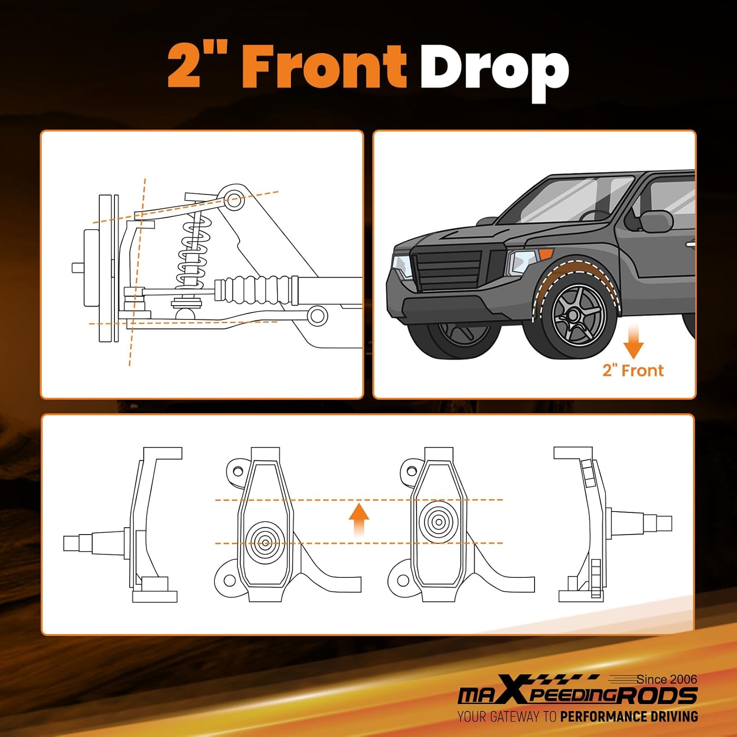maXpeedingrods 2’’ Drop Spindles for Chevy Silverado/GMC Sierra 1500 (All Cabs) 2WD Only 2007-2016.5, Front Lowering Kit