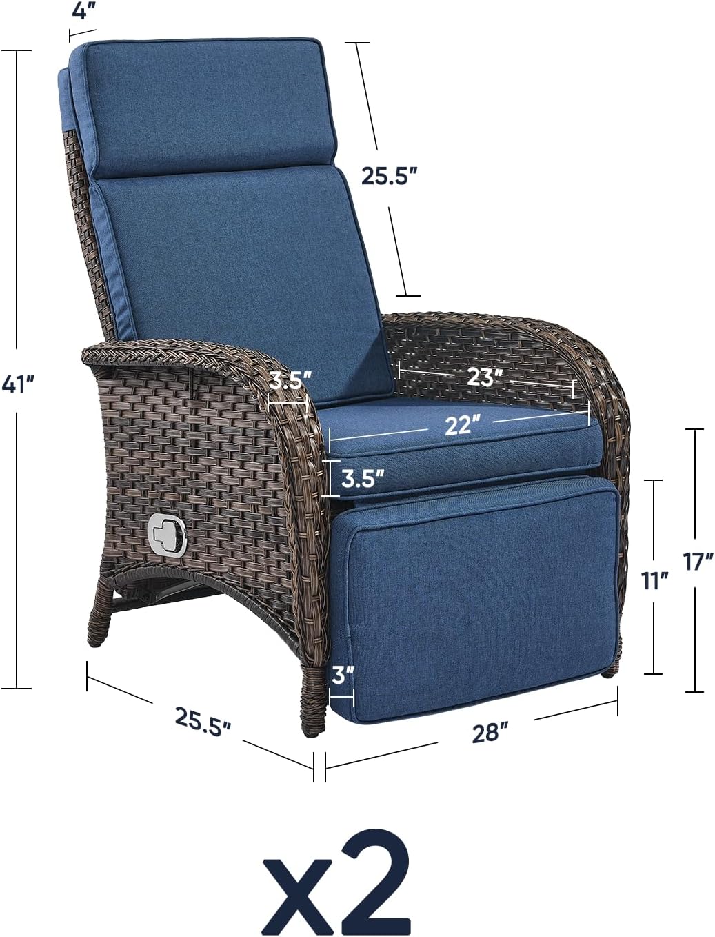 Outdoor Recliner Chairs with Adjustable Backrest&Ottoman - Set of 2 Dural-Adjust High Back Brown Wicker Patio Lounges Rattan Reclining Chairs for Porch Poolside Sunbathing - Navy Blue