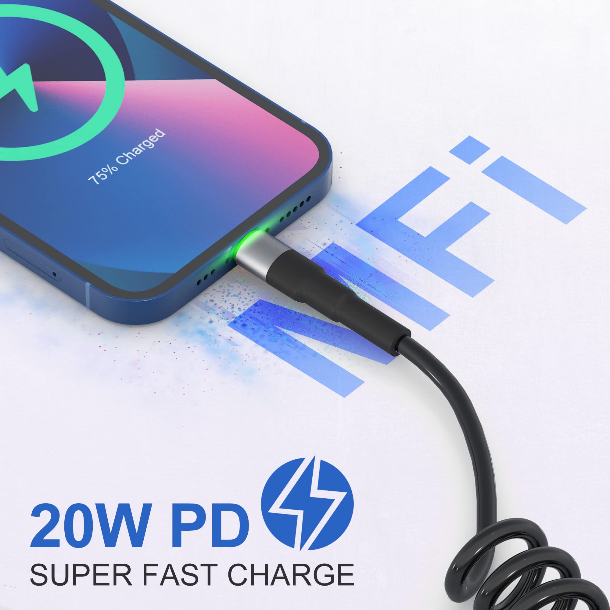 Câble Lightning Spiralé [Certifié Mfi Et Compatible Carplay