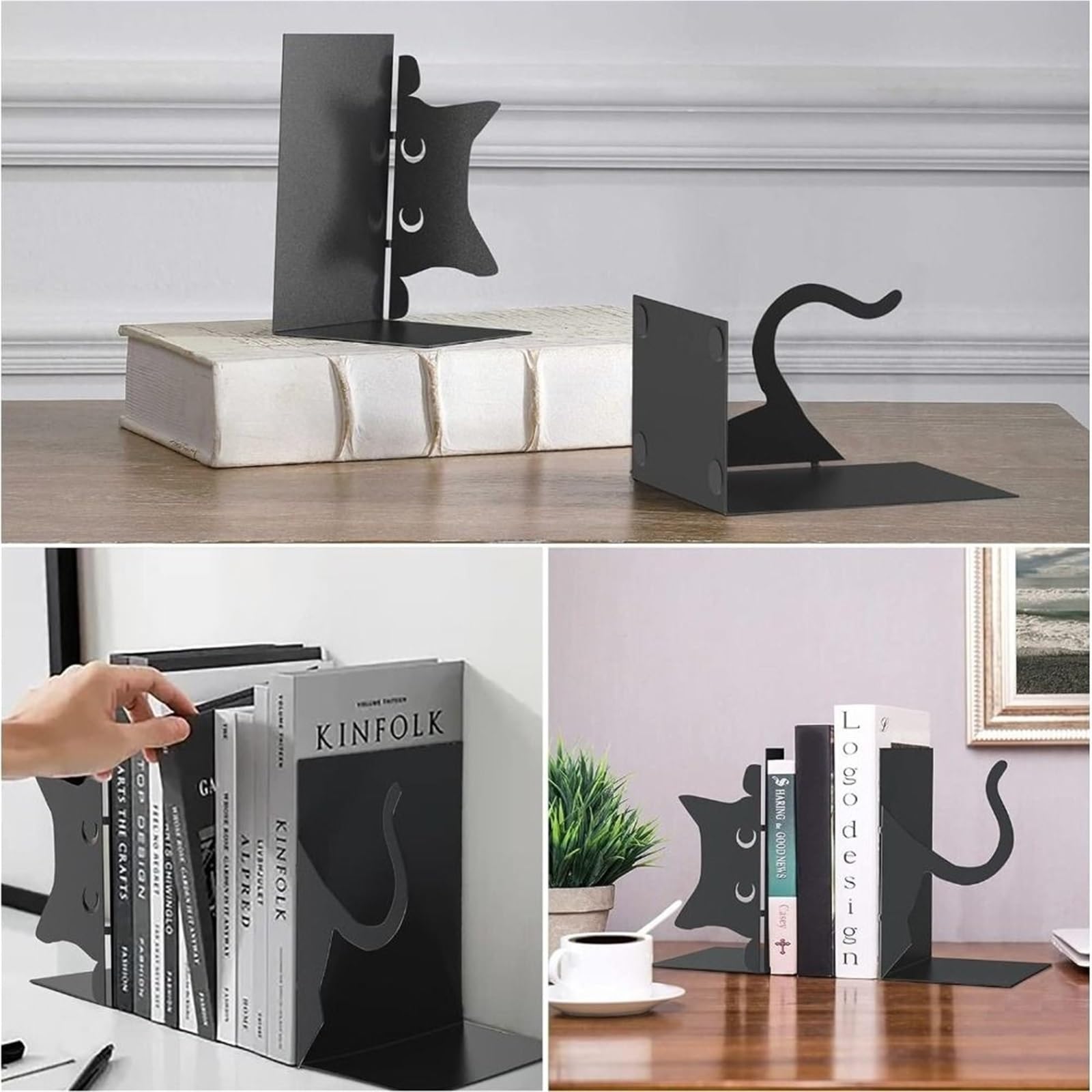 Buchstützen Niedliche, skurrile Buchstützen aus Metall mit abgerundeten Kanten, Schwarze Buchhalter, Dekoration for Büro und Bibliothek