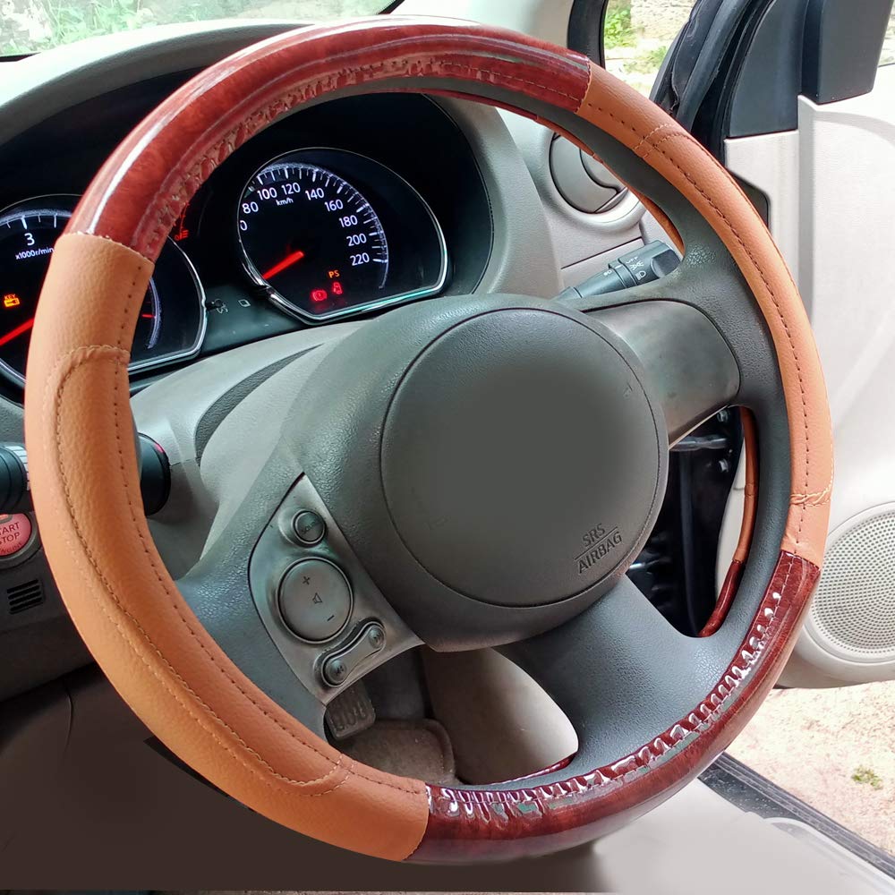CS GLARE Microfiber Car Steering Wheel Cover with Comfortable Grip (Tan with Wooden, Small)-image-37