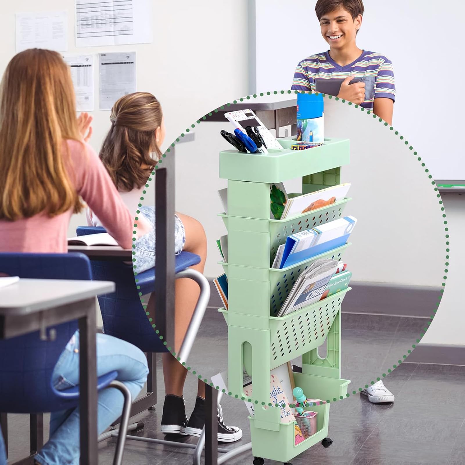 Carrito de libros delgado con ruedas para niños, 5 niveles, estantería móvil para manualidades, carrito de almacenamiento de manualidades, muebles de aula, ideal para escuelas y salas de juegos