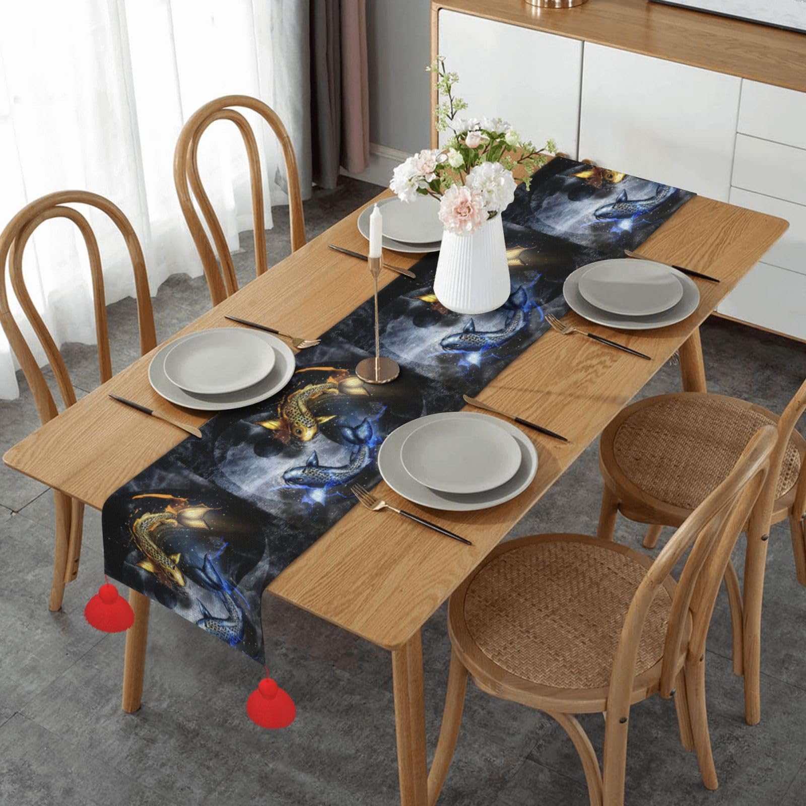 Chemin de table de Noël en marbre avec finitions de qualité supérieure et design poisson Tai Chi