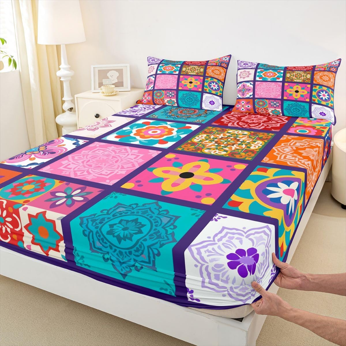 Erosebridal Bohemian Bed Sheets Set Patchwork Style Boho Queen Sheet Set for Toddler Boys | Mandala Damask Watercolor Floral Flat Sheet