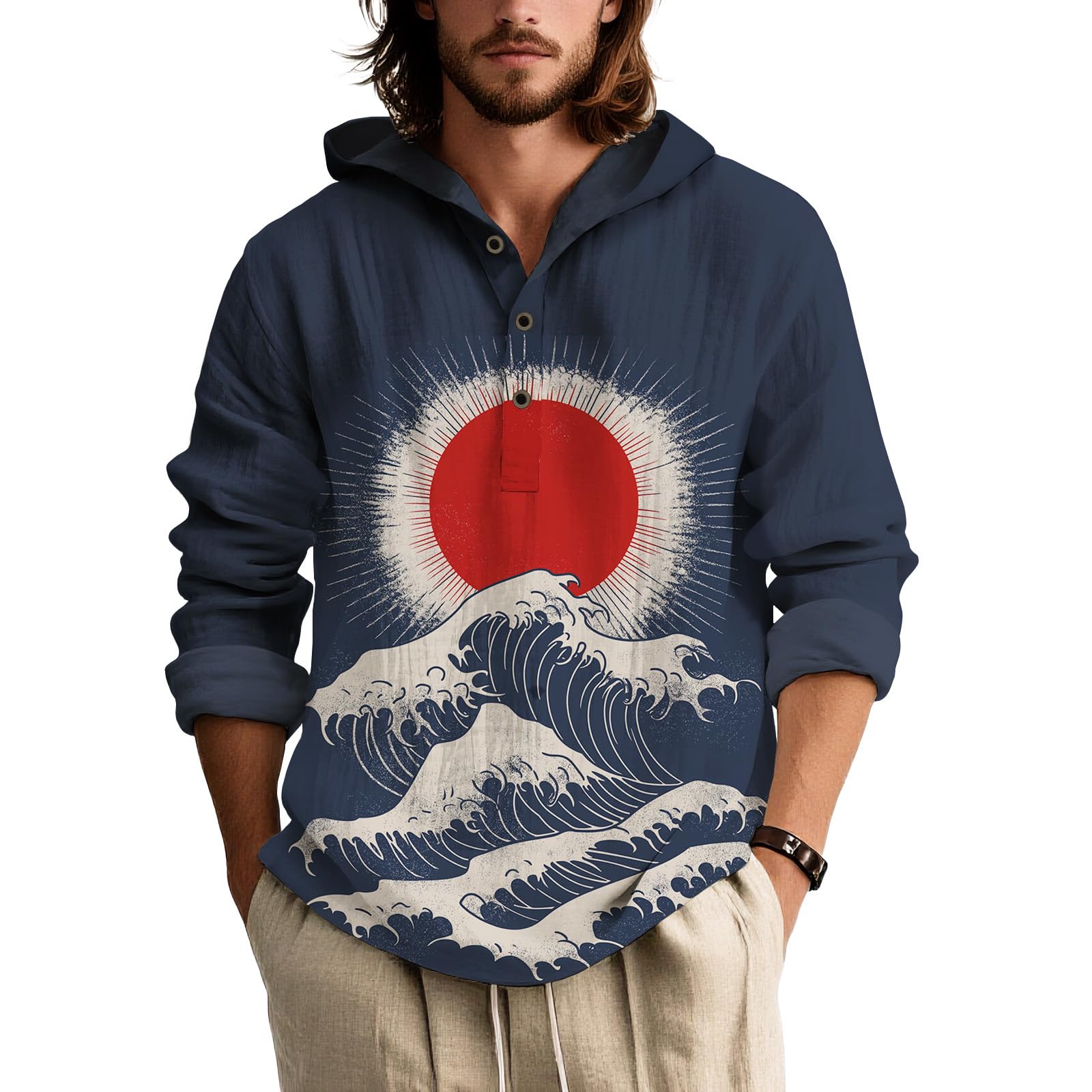 Mens Long Sleeve Button Down Shirt Japanese Art Print Relaxed Fit Casual Top Artistic Style Navy Black