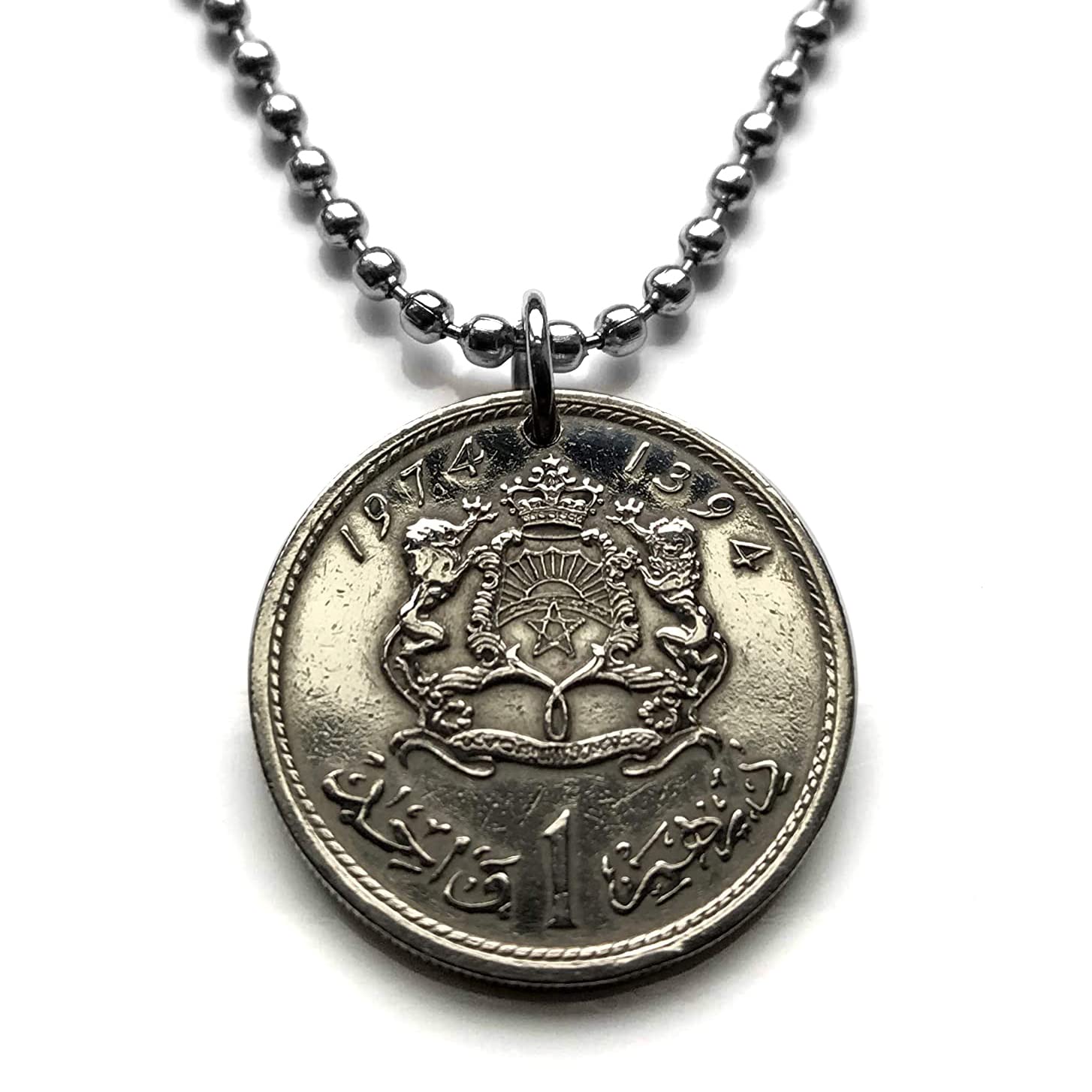 1965 Morocco Maroc 1 Dirham coin pendant necklace Moroccan lions pentagram Casablanca Rabat Fes 5-pointed star Moorish Islam n001590