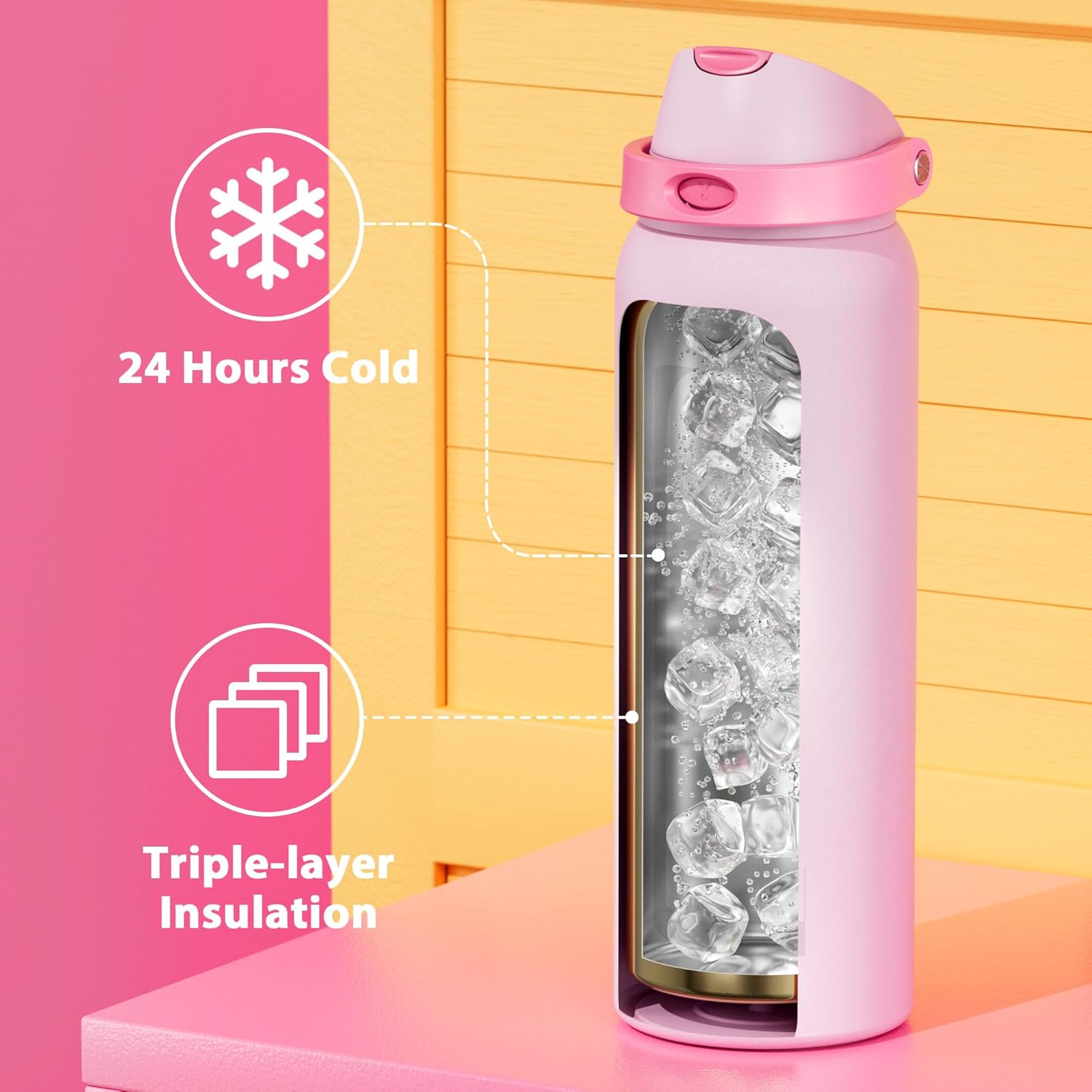 40 oz Insulated Water Bottle for Sports: Meoky Stainless Steel Water Bottle with 2-in-1 Straw and Spout Lid - Leak Proof, Cold for 24 Hours, Protective Silicone Base, BPA-Free for Women Gym, Blush - Image 5