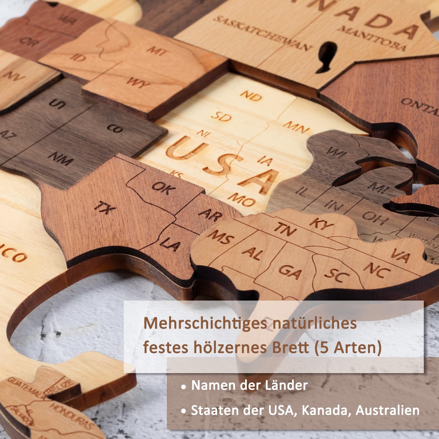 Creawoo Hölzerne 3D Weltkarte Wanddekoration, Mehrschichtige Hölzerne Karte Wandnust für Haus & Büro, Mehrfarbige Reisekarte aus Holz, Perfekt für Kreatives Geschenk-100x57cm