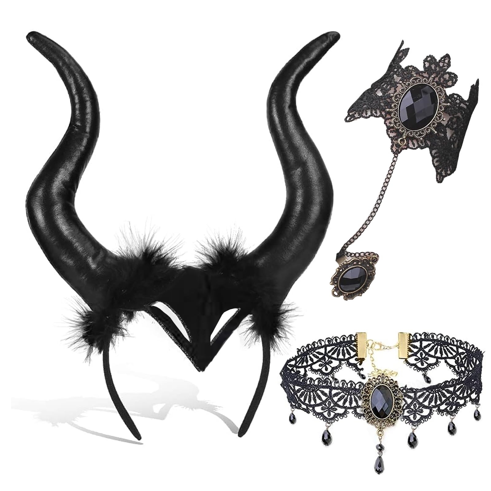 3 Pezzi Corna Diavolo Halloween Fascia Corno Demone Costume Donna Regina Nere Copricapo con Collana Pizzo Corna Diavolo Gotico Antilope per Carnevale Cosplay Halloween