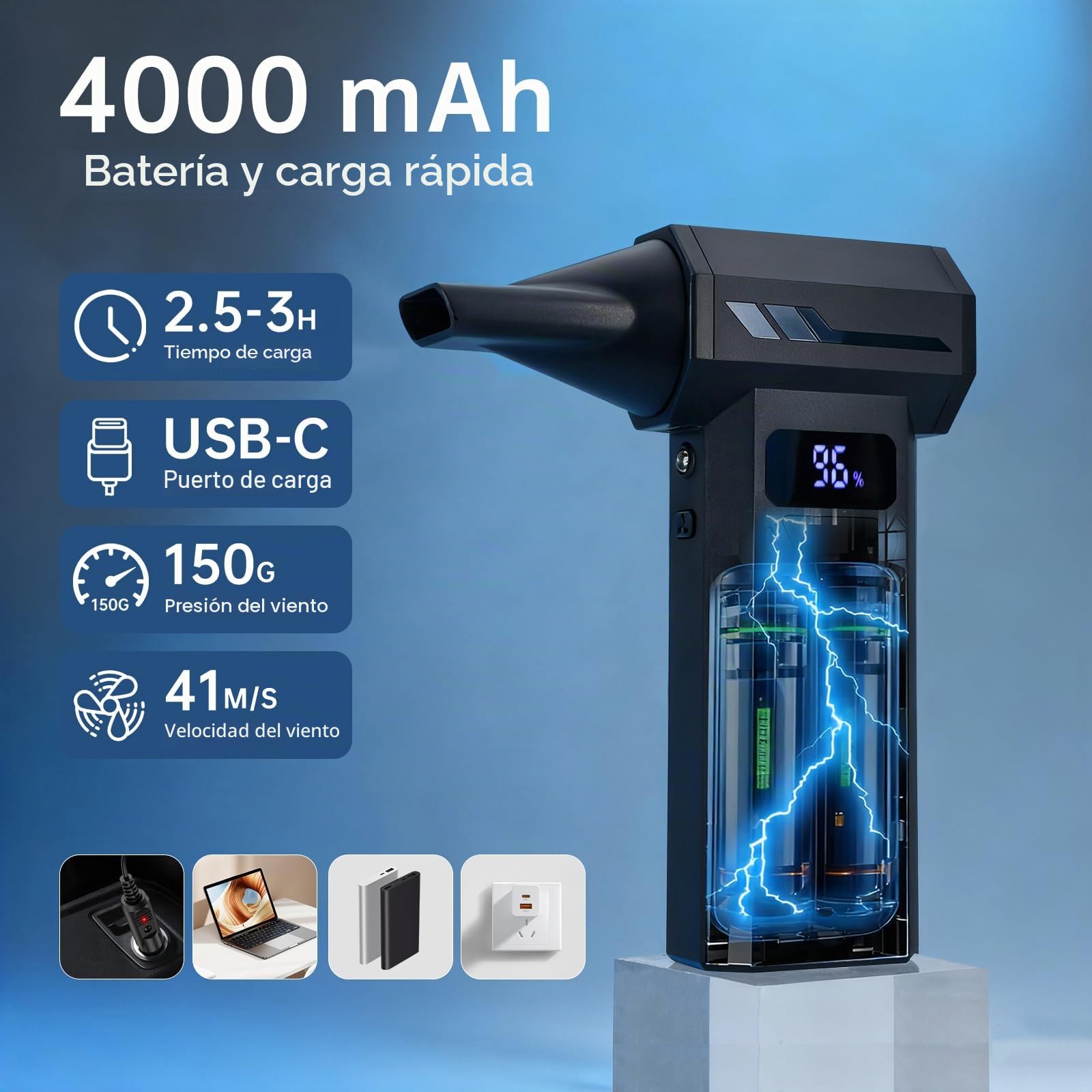 Soplador de Aire Eléctrico Inalámbrico 110.000 RPM, Mini Soplador Potente con Batería, 4 Velocidades y Luz LED, Ideal para Limpiar PC, Teclado, Portátil, Coche y Hojas