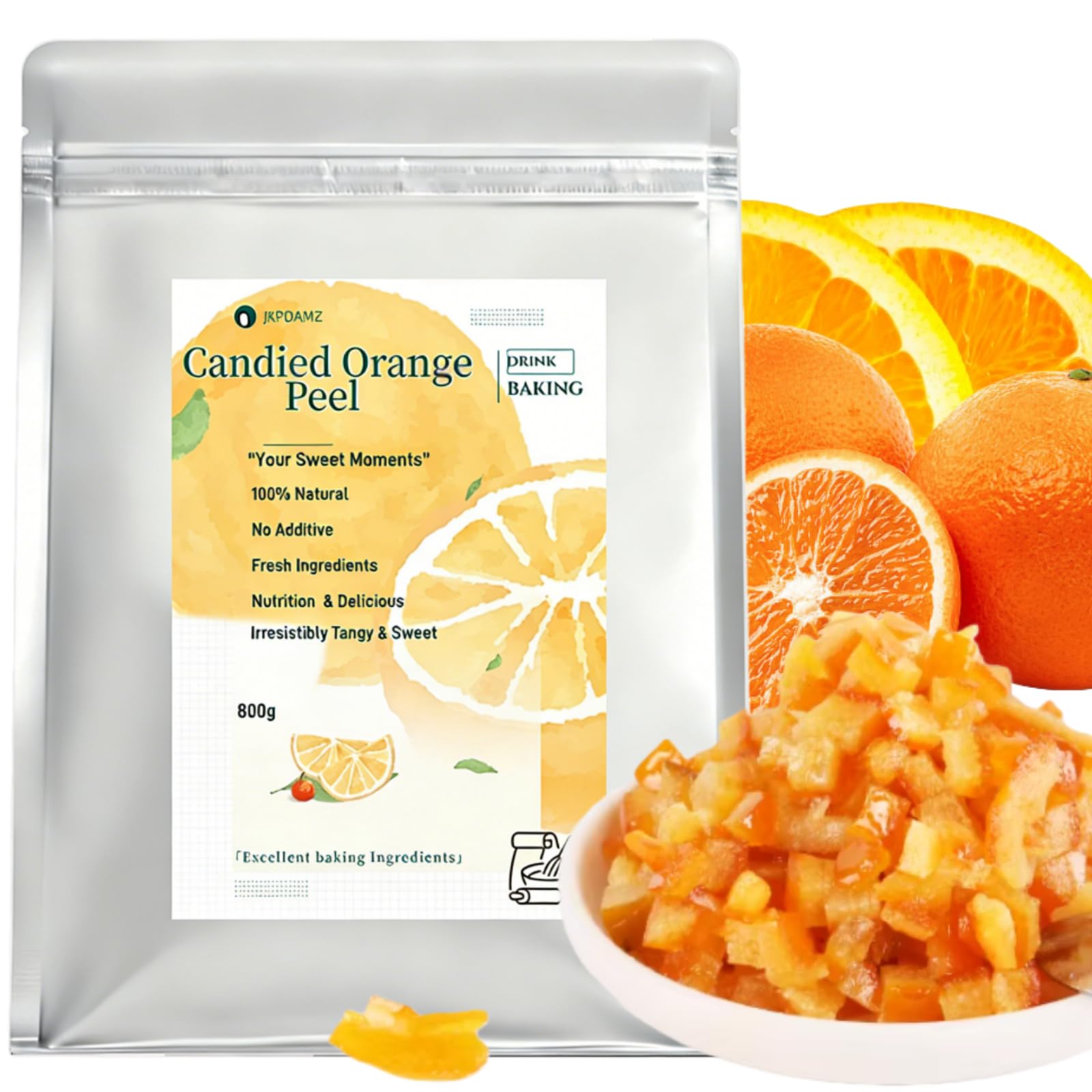 1.76 Ib Candied Glazed Orange Peel Dices, Chopped Sweet Orange Peel Cubes Granules, 800g, for Cake Baking, Mooncake Filling, Casual Snacks