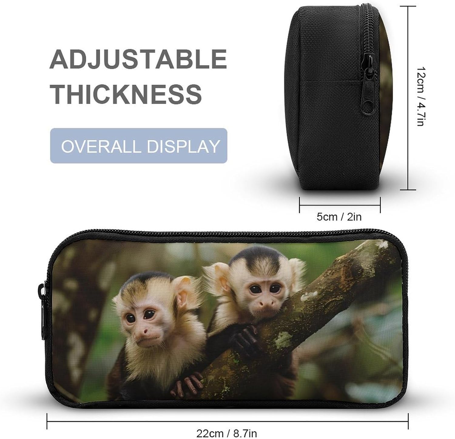 White Faced Capuchin Monkeys 3 Pcs Backpacks Set Combination 16“ Travel Backpack Portable Lunch Bag Pencil Case for Unisex