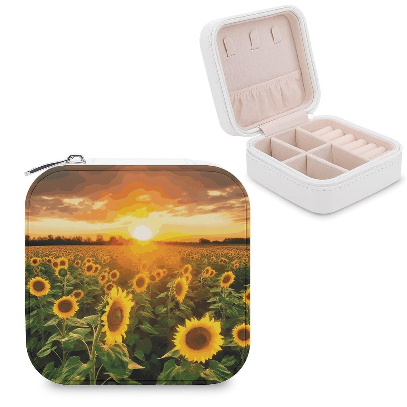 FekiLoot Sunflower Field Sunset Jewelry Box Custom Jewelry Travel Case Pu Leather Trinket Organizer Box to Organize Ring Pendant Earring Small Portable Jewelry Storage Holder for Women