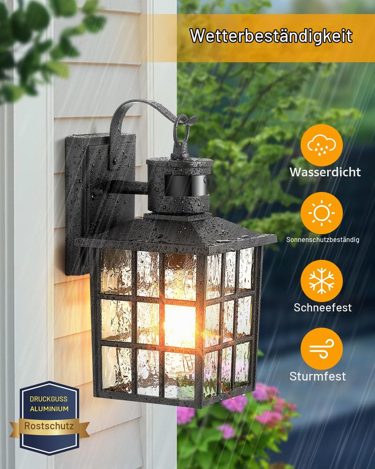 VIANIS Außenleuchte mit Bewegungsmelder, Schwarz PIR Aussenlampe Wand, Robuste Aussenbeleuchtung aus Aluminium, Moderne Balkonlampen Aussen Wand, Lampe Aussenbereich für Haustür, Pavillon, Dachtraufe