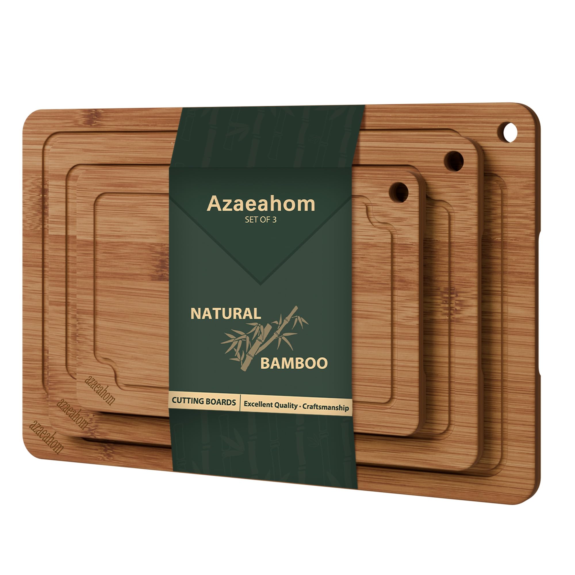 Azaeahom 3-Piece Bamboo Cutting Board Set Serving Tray Juice GroovesHandles