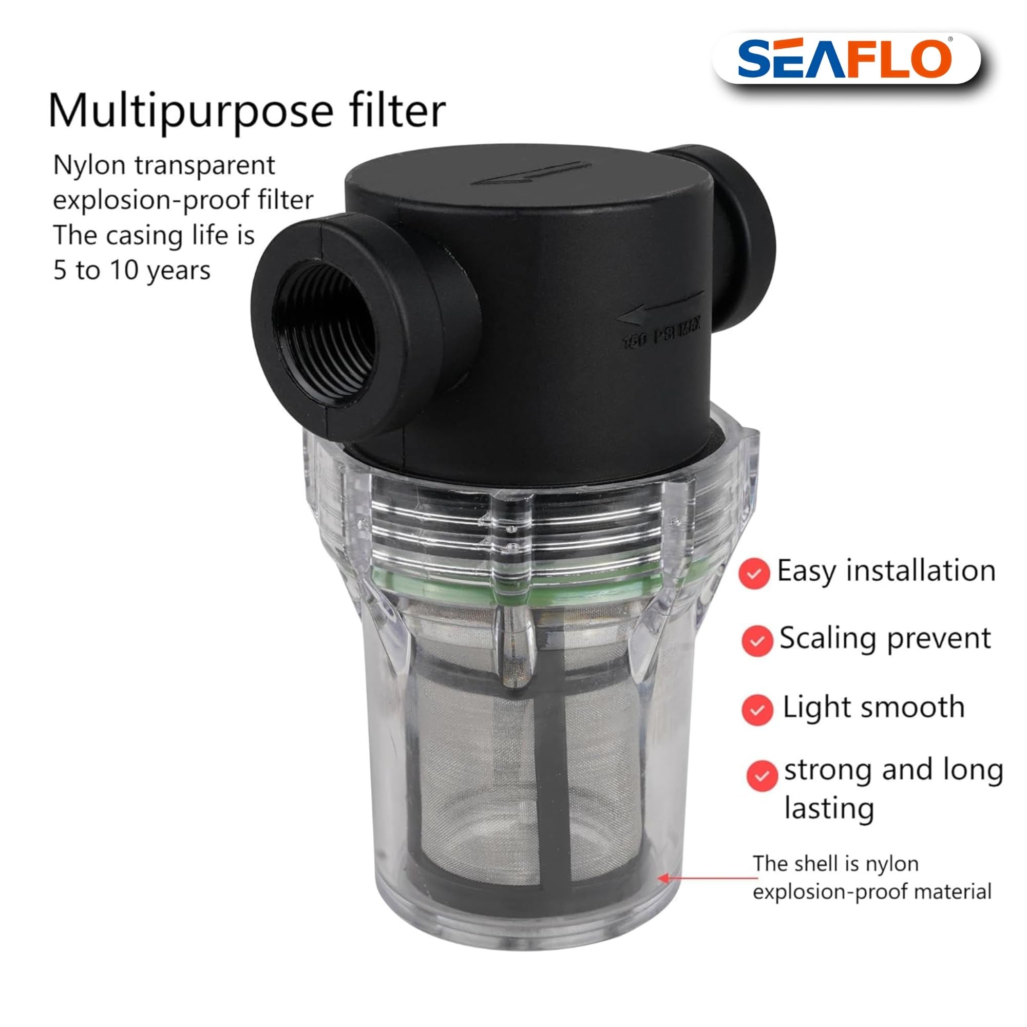 SEAFLO Filtro in linea NPT femmina da 1/2" con filtro in acciaio inox a 100 maglie - ciotola trasparente per una facile pulizia | Modello SF-ST-12 (confezione da 2)