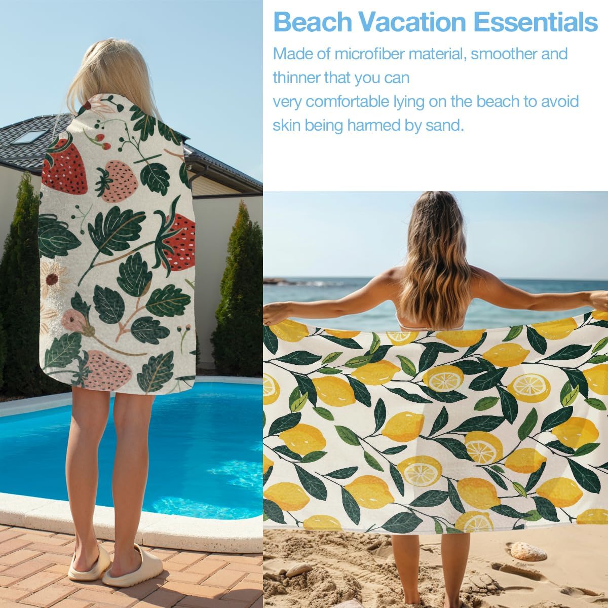 4 Pack Towels for Bathroom, Beach Towel, Microfiber Lightweight Beach Towels Oversized, Towel Accessories for Women Girls Swim Cruise Birthday Christmas Party Favors 32x71 IN,Lemon Strawberry - Image 4