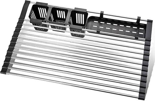 Escurridor de platos enrollable extra grande, de acero inoxidable, plegable, con soporte extraíble para utensilios (12.8 a 22.8 pulgadas, color