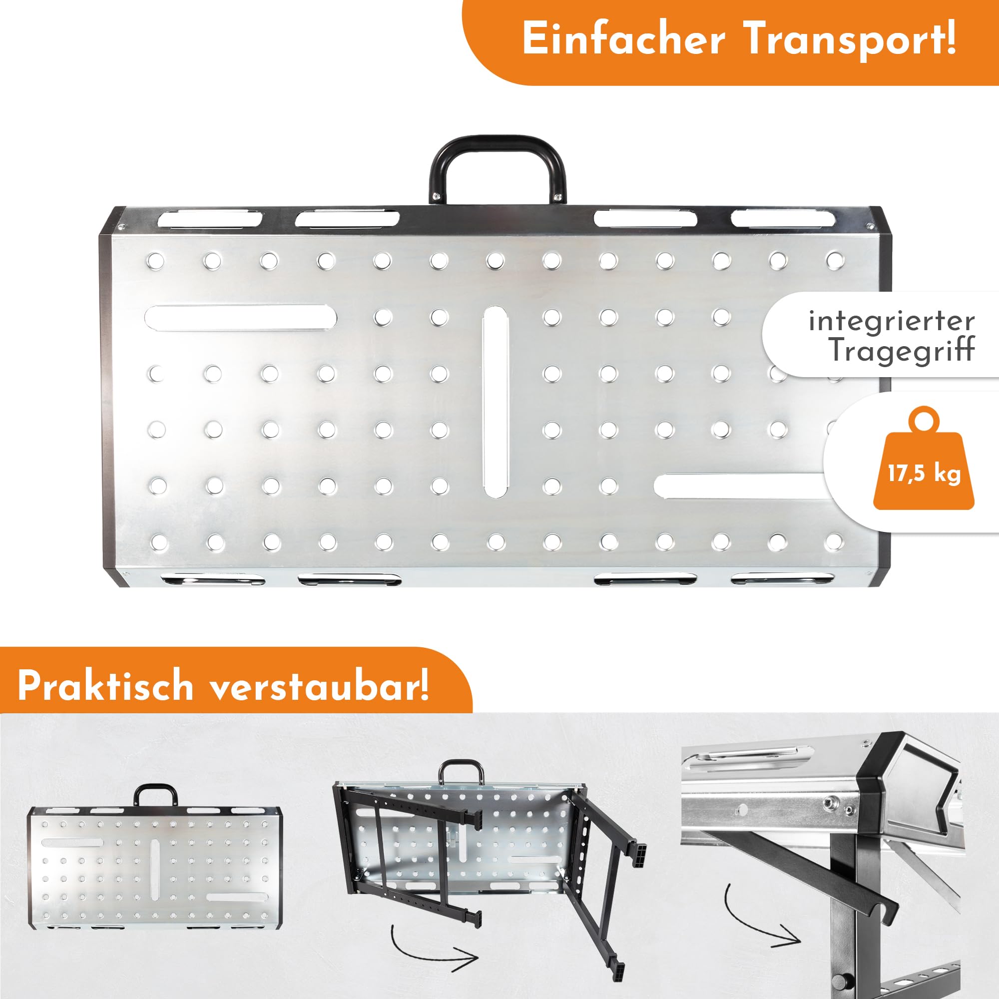 Lemodo Schweißtisch klappbar – Mobile Werkbank aus Stahl, 7-Fach höhenverstellbar, belastbar bis 450 kg, neigbare Arbeitsplatte, kompakt Faltbarer Werkzeugtisch für Werkstatt, Garage und Baustelle