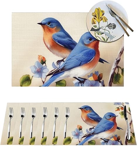 6 PCS PVC Placemats Set Place Mats Happy Bluebirds Non-Slip Weave Place Mats 12" x 18" Farmhouse Table Mat Set for Family Dinners Wedding Parties