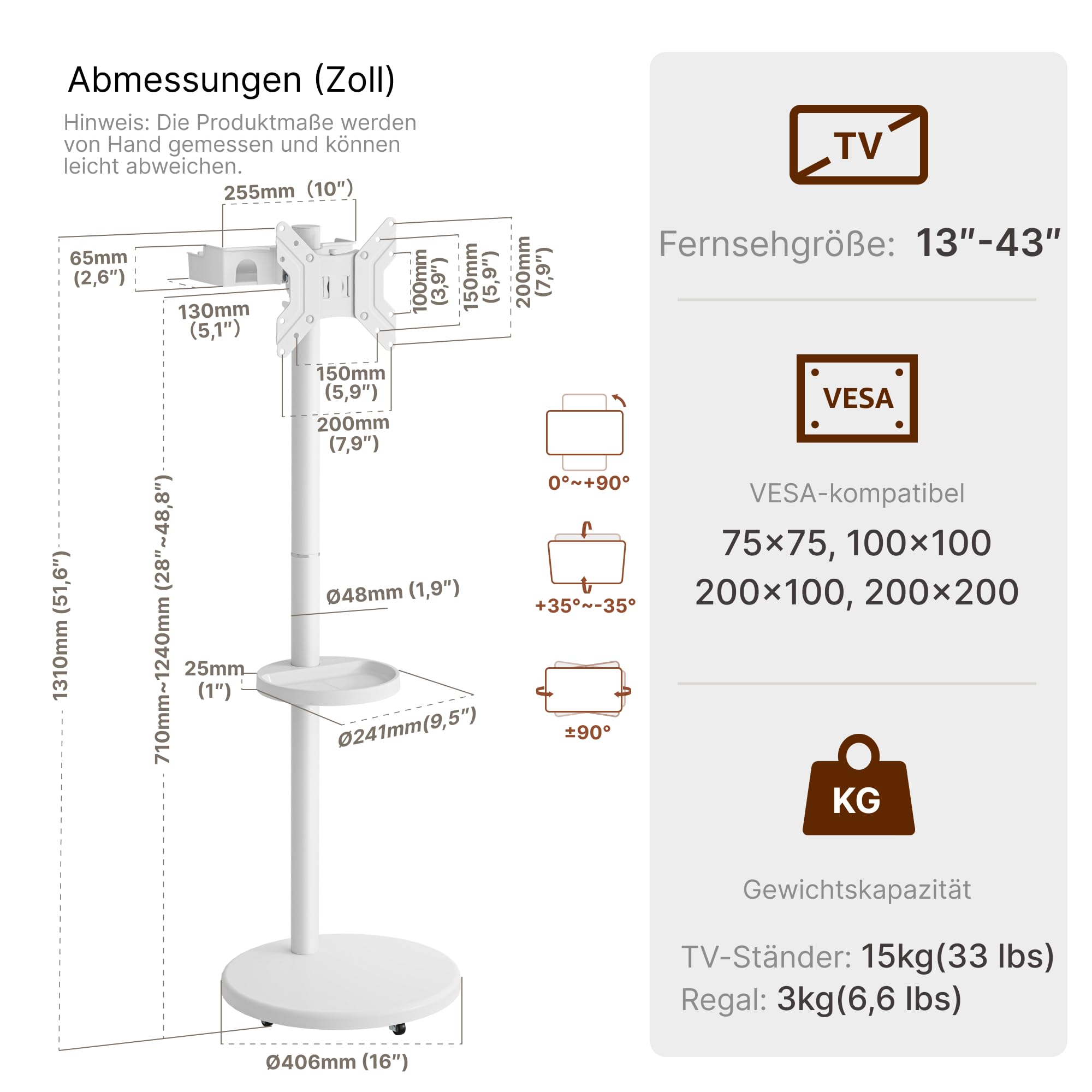 Rollender TV-Ständer mit Rädern für 17–43 Zoll Fernseher bis 15KG, Höhenverstellbarer Robuster Mobiler TV-Wagen mit Ablage, Portrait zu Landscape, Max. VESA 200x200 mm, Weiß