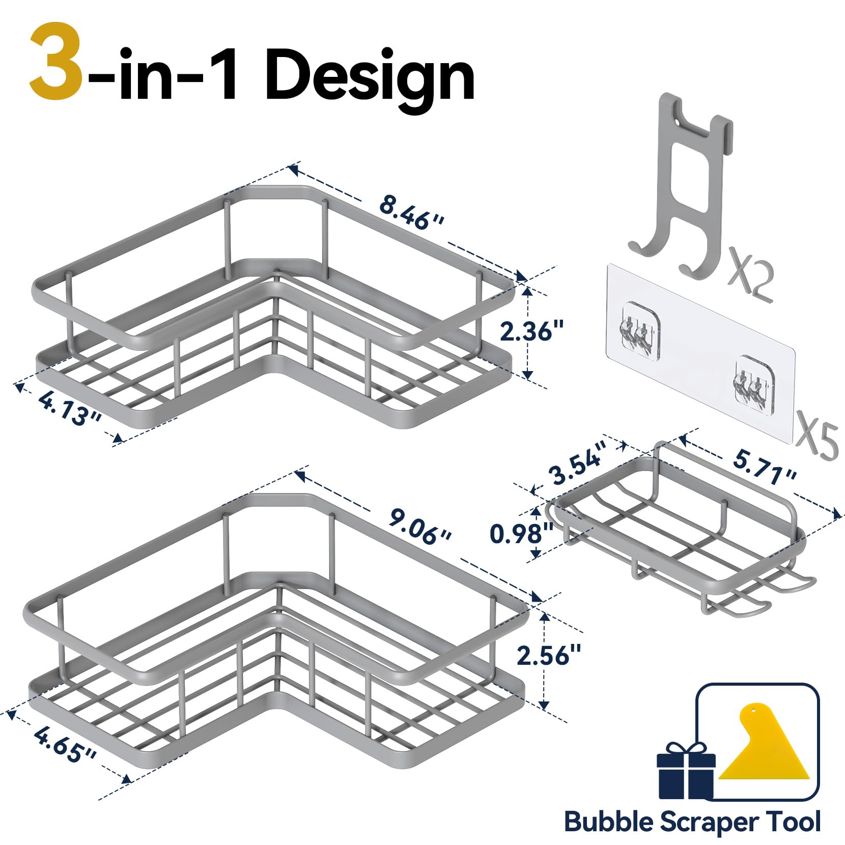 YASONIC Eck-Dusch-Caddy Organizer, 3er-Pack, selbstklebend, rostfrei, Badregale mit Seifenhalter und 4 Haken, großes Fassungsvermögen, Duschregal für Badezimmer-Organisation, Grau