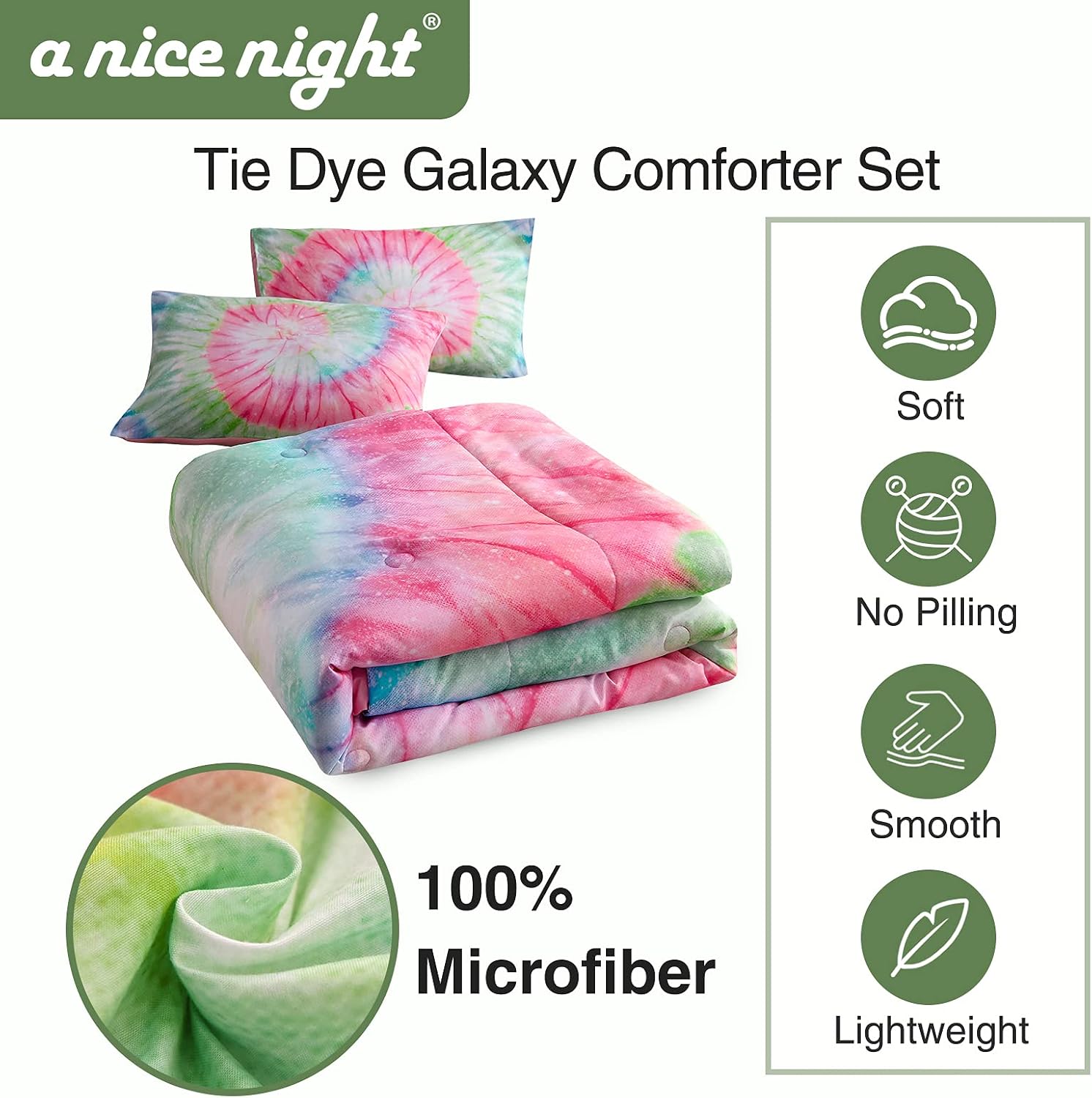 A Nice Night Bedding Tie Dye Galaxy Comforter Set Psychedelic Swirl Pattern Colorful Boho Boys Girls Bedding Quilt Sets (Green, Twin(68-by-88-inches))