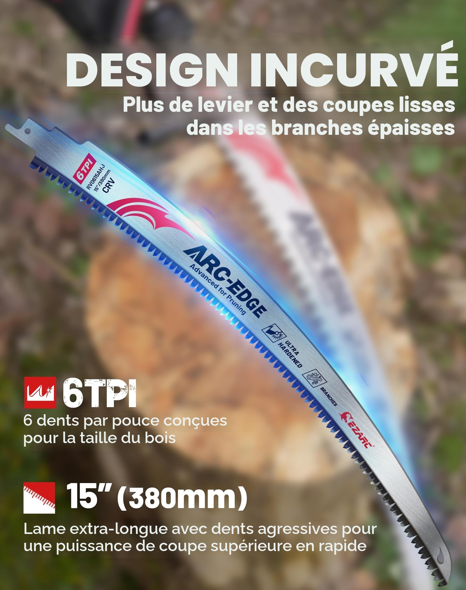 EZARC Lame de scie sabre de 380mm à dents japonaises, pour élagage, avec une bordure arquée et 6 dents par pouce, idéale pour la taille des arbres et la coupe de bois, lot de 3 pièces.