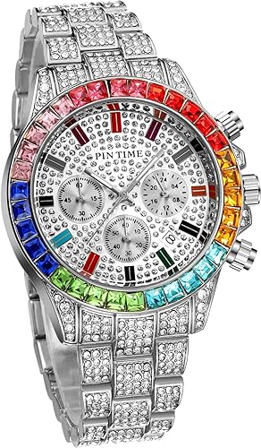 Miniatura 4 de Gosasa Lujo Bling-ed Out Esfera colorida Full Diamond Hip Hop Rocks Relojes Moda Cuarzo Analógico Acero inoxidable Pulsera Reloj (Plata), plateado,