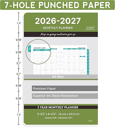 Miniatura 6 de Recambio de planificador mensual 2026-2027, insertos para planificador con 7 agujeros perforados, 5-1/2 x 8-1/2 pulgadas, enero 2026 a diciembre