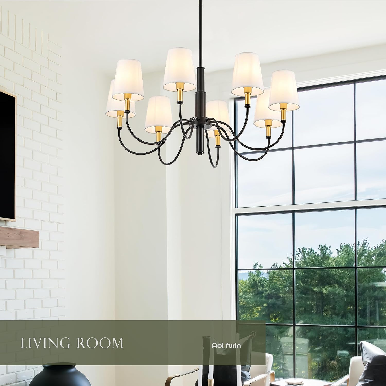 8-Light Black Modern Chandelier with White Fabric Shade, 35" Farmhouse Pendant Ceiling Light Fixture for Dining Room Foyer Living Room