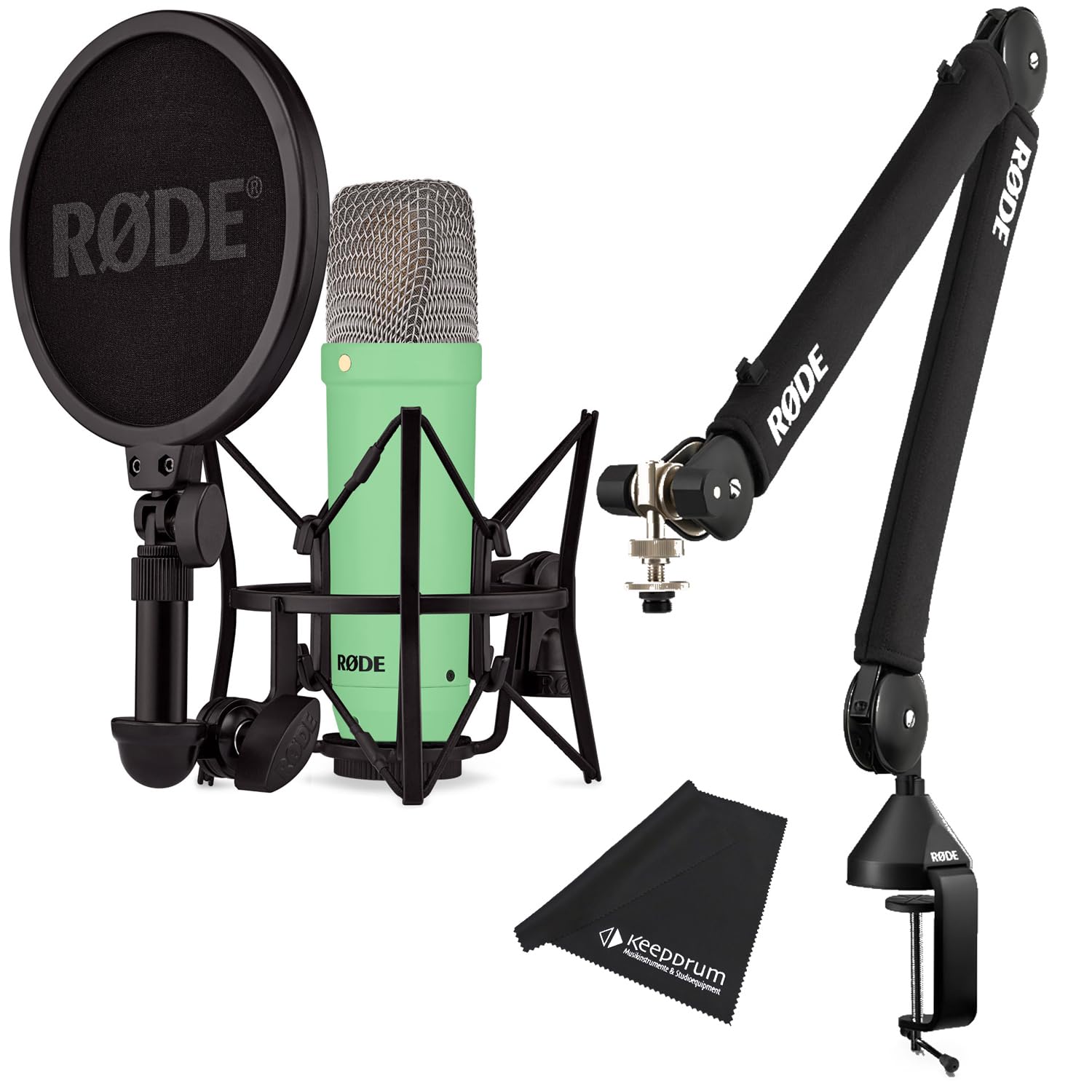 Rode NT1 Signature Green - Micrófono de estudio verde + trípode de brazo articulado PSA-1 Plus negro + paño de microfibra keepdrum