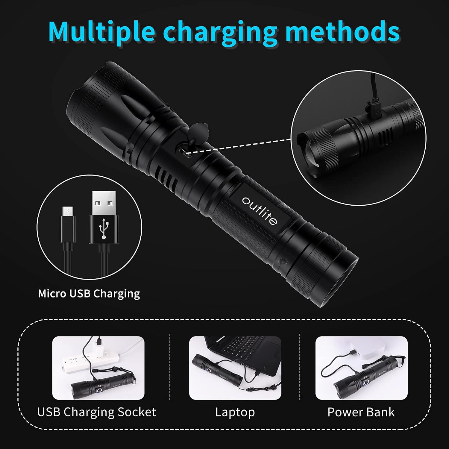 Outlite LED Flashlight 10000 Lumens, 5000mAh USB Rechargeable 26650 Battery Included, 5 Light Modes, Zoomable, Long Working Time Tactical Handheald Torch for Camping Hiking Hunting Emergency - - 