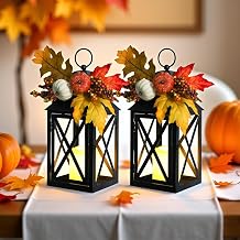 Taman Fall Decorations Candle Lantern, 14.7" Flickering Flameless Lanterns Decorative Hanging Candle Lantern Metal Vintage for Thanksgiving Day Outdoor Patio Garden, Table,Party Decor, 2 Pack