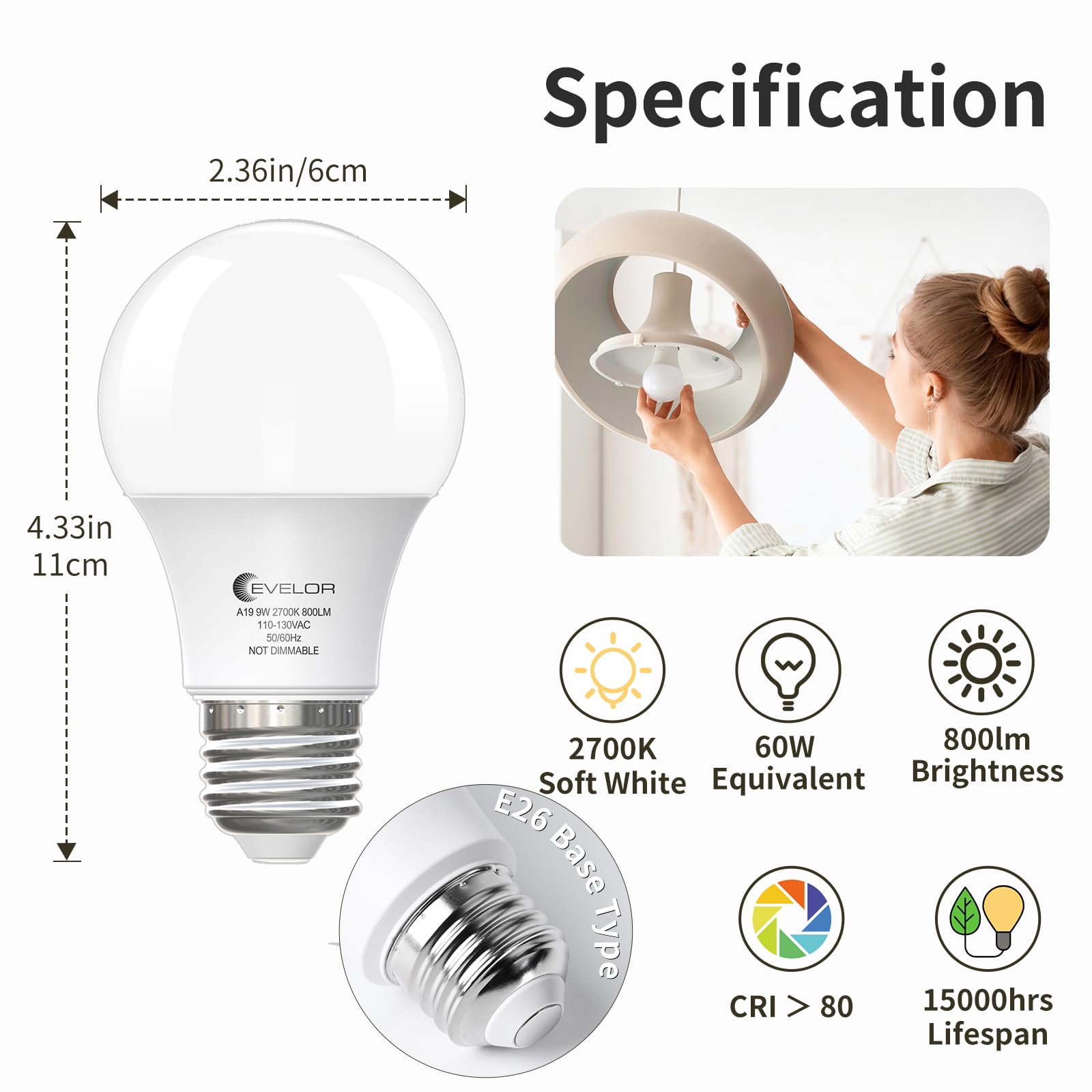 6-Pack A19 LED Light Bulbs 60 Watt Equivalent Soft White 2700K with E26 Base Efficient 9W 800 Lumens — view 2