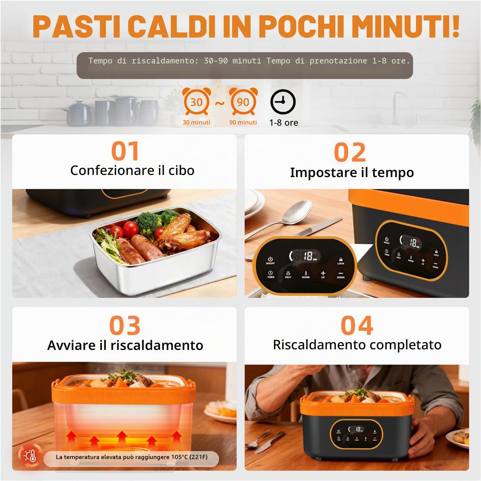 Scatola Pranzo Elettrica Senza Fili 1.5L,Riscaldamento Automatico 18000mAh Ricaricabile con Timer, Display LED & Borsa Termica per Ufficio, Camion, Esterno