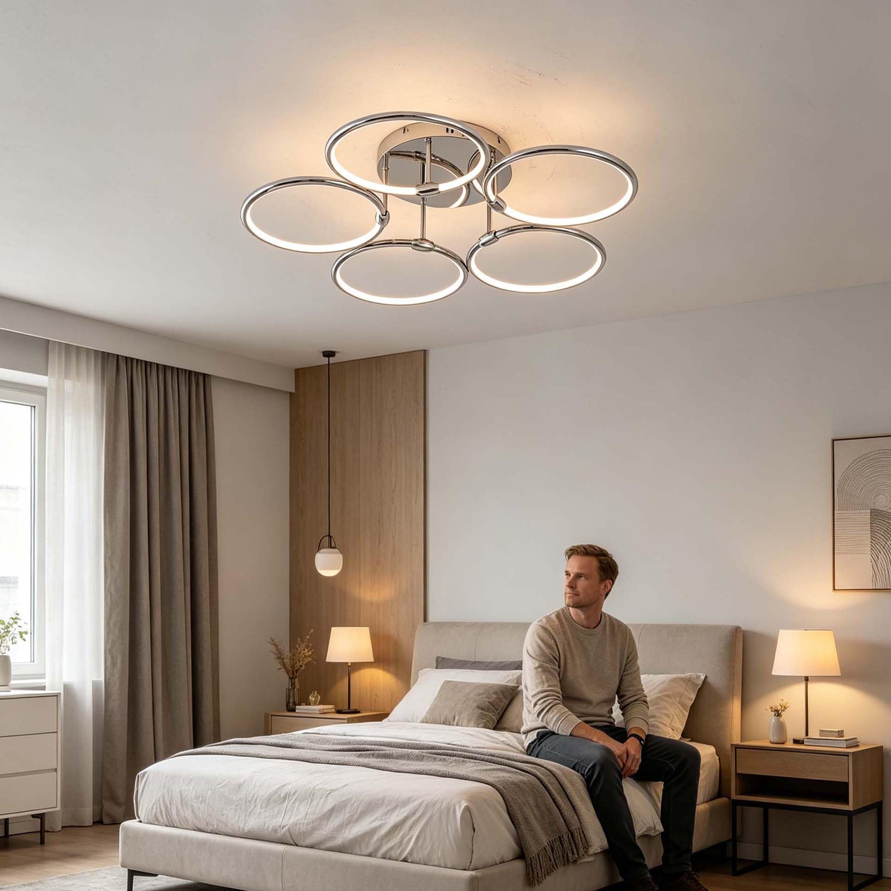 WSXEDC LED Ceiling Lamp 5ring Chrome DIY Ceiling Light Ø70cm Living Room Lamp 55W Modern Dimmable LED Bedroom Ceiling Light for Living Room Office Dining Room Teenager's Room Bedroom