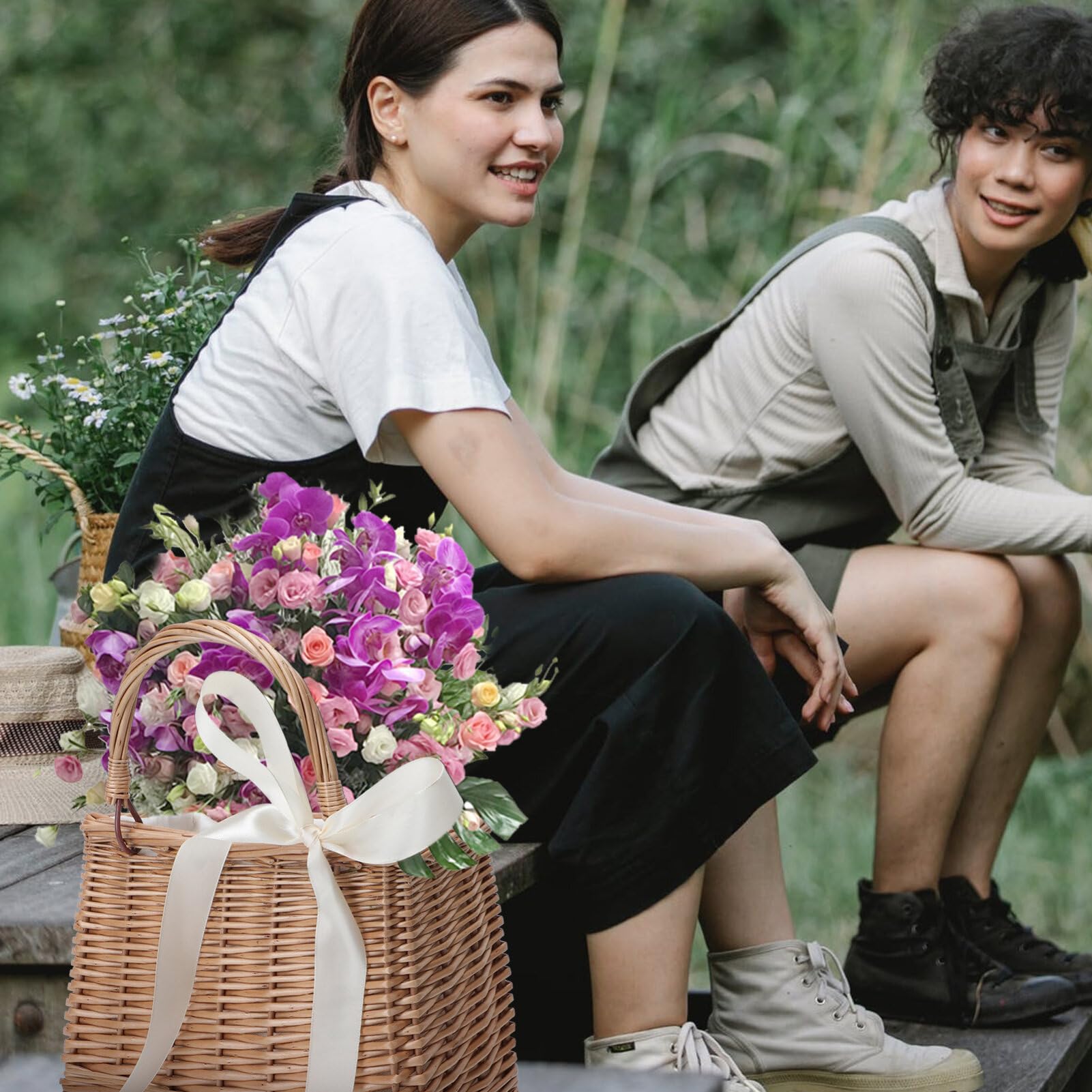 iplusmile Cesta De Mimbre Con Asa Cesta Tejida De Mimbre Bolso De Mano Tejido A Mano Con Soporte Para Flores Bolso Para Niña
