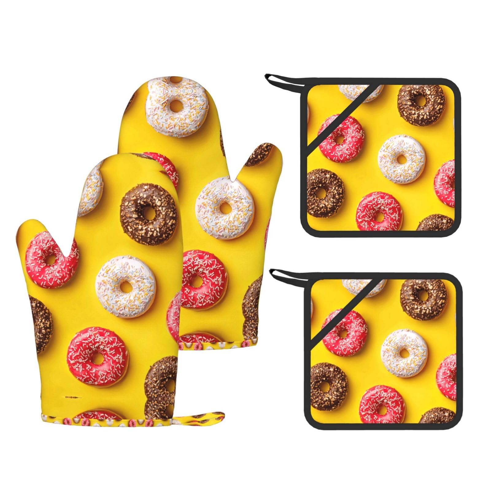 Doughnut Trendy Printed Kitchen Set with Heat Resistant Gloves & Non-Slip Hot Pads for Baking & Grilling
