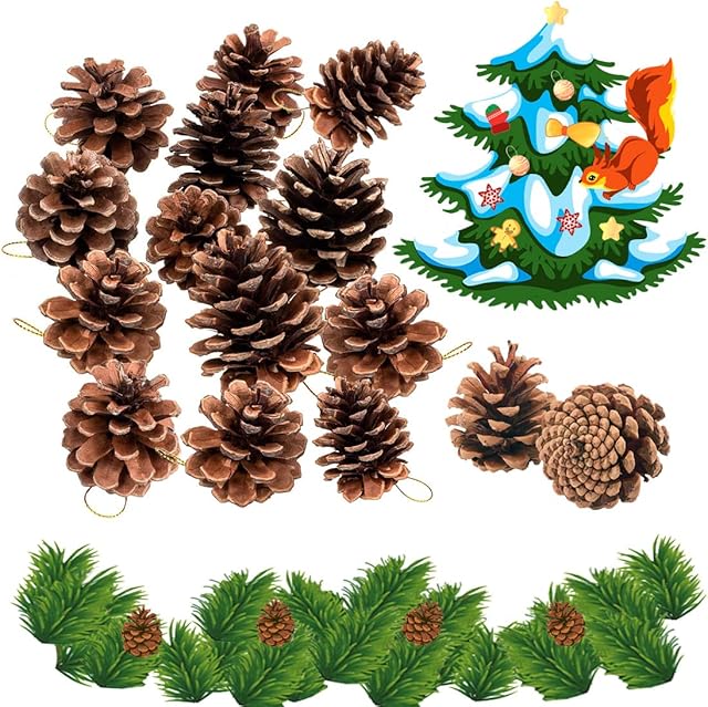 15 Pcs Christmas Pine Cones Set, FUKPO Pine Cones for Craft Pine Cones Natural Bulk Ornaments, Rustic Pinecones for Crafts Pine Cone Decorations Christmas Tree Wreath Autumn Garland with Gold String