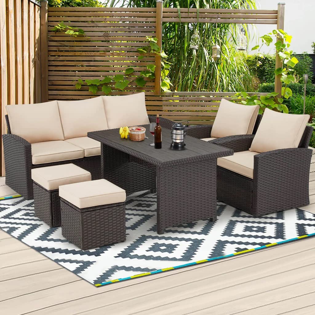 DEVOKO Outdoor Patio Sectional Sofa Couch, HDPE Wicker Furniture Conversation Sets and Ottomans with Washable Cushions & Center Table for Garden, Poolside (Dark Brown and Cream)-image-33